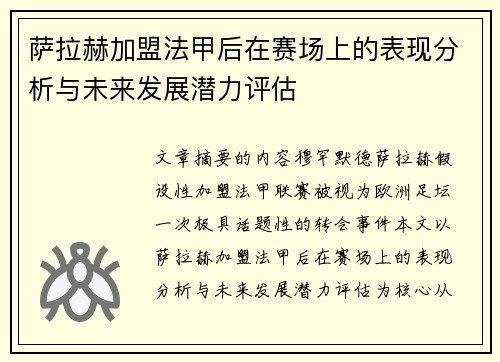 萨拉赫加盟法甲后在赛场上的表现分析与未来发展潜力评估