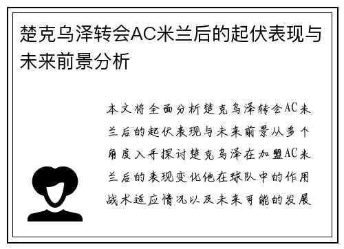楚克乌泽转会AC米兰后的起伏表现与未来前景分析