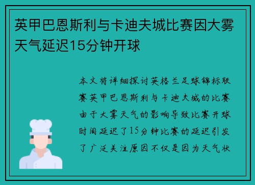 英甲巴恩斯利与卡迪夫城比赛因大雾天气延迟15分钟开球
